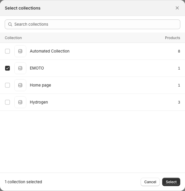 The collection picker with a collection checked and one collection selected.